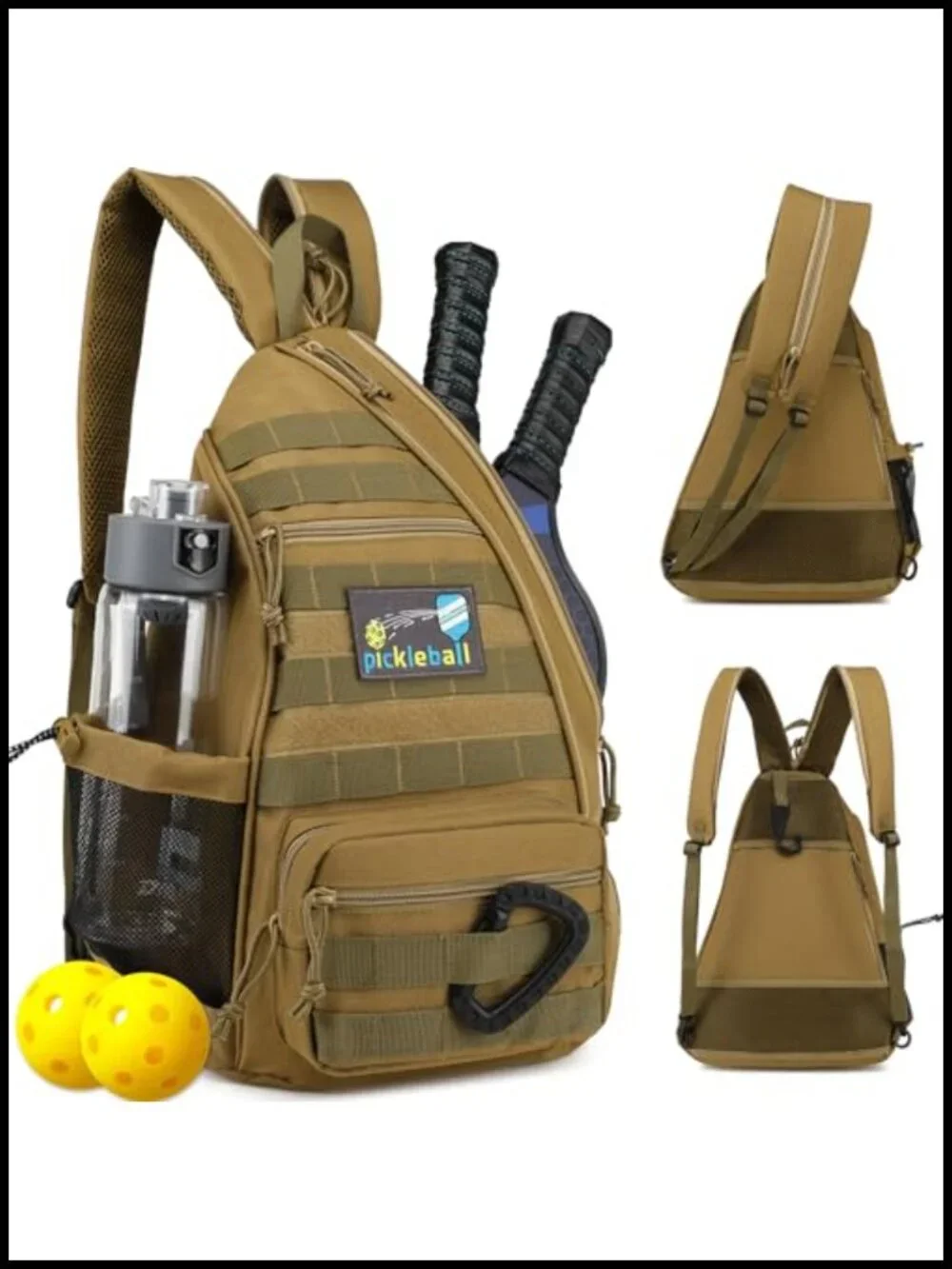 Tactical Pickleball Backpack Sling Bag with Fence Hook Water Bottle Holder 900D